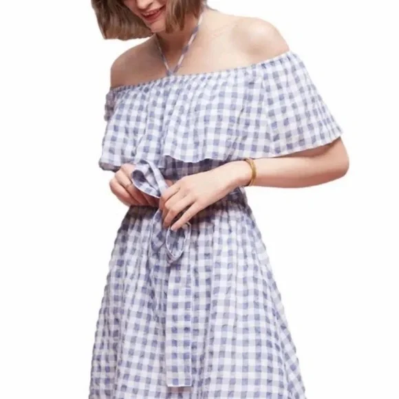 Anthropologie ie 11.1. Tylho Kinsey Off-The-Shoulder Blue & White Gingham Dress - Picture 15 of 15
